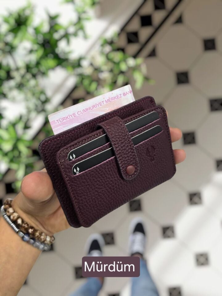 VİSSO 8600 Hakiki Deri Çıtçıtlı Akordeon Kartlık Akordeon Kimlik Bölmeli Kişiye İsme Özel Bay Bayan Çanta MÜRDÜM RENK