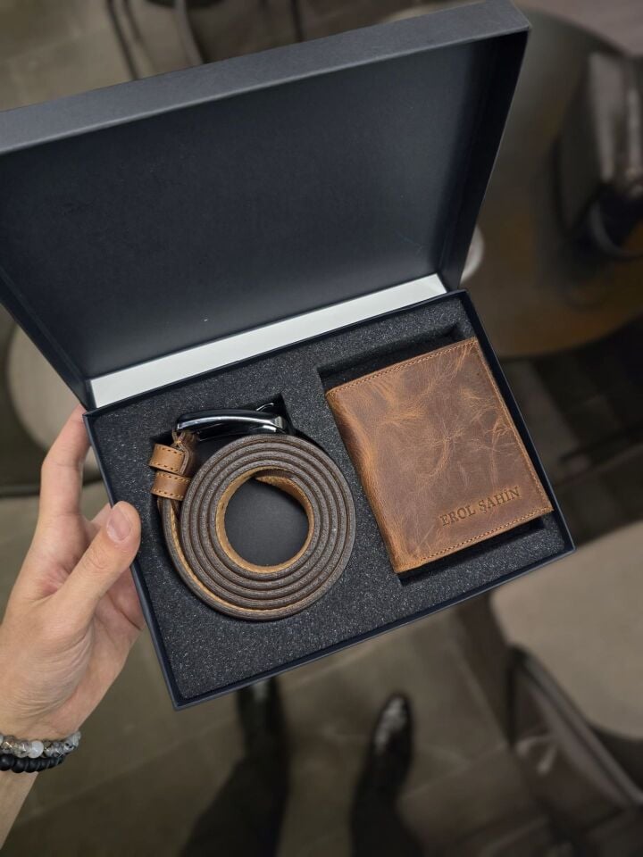 VİSSO 114 Hakiki Deri Cüzdan Ve Kemer Kişiye Özel İsim Baskılı Fermuarlı Cüzdan Çanta FINDIK MATRİX SET