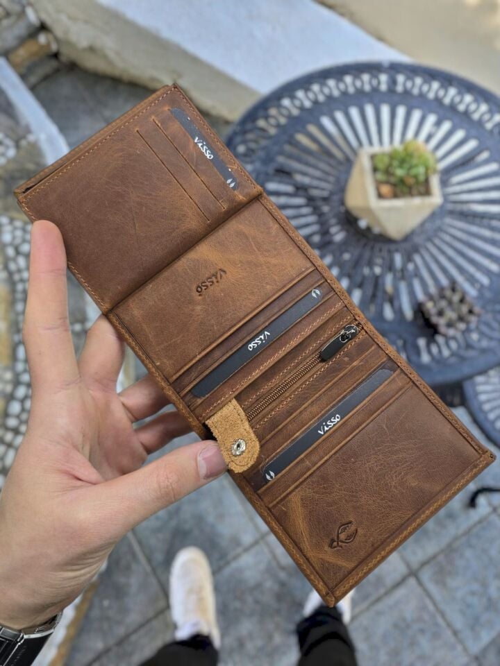 VİSSO 114 Hakiki Deri Cüzdan Ve Kemer Kişiye Özel İsim Baskılı Fermuarlı Cüzdan Çanta FINDIK MATRİX SET