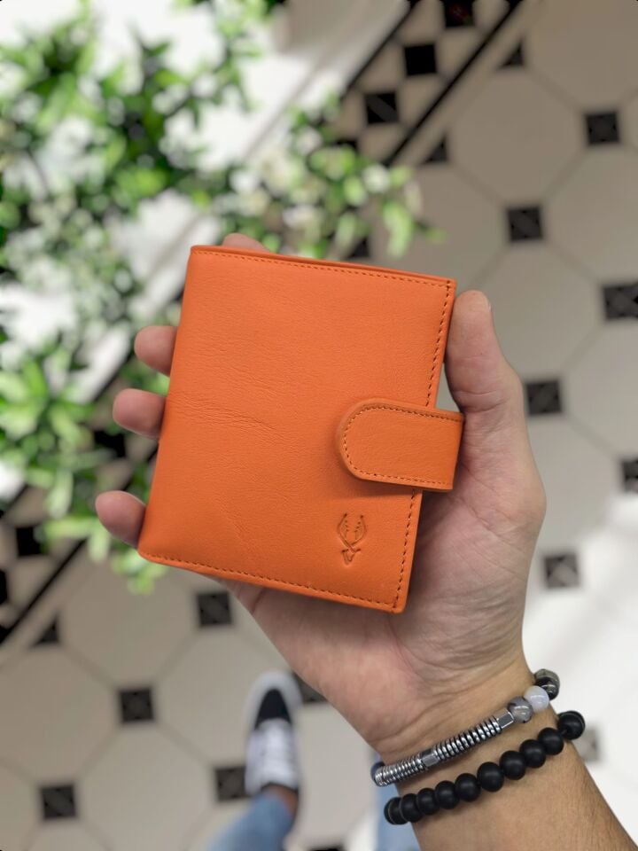 520 770 Yonca Logolu VİSSO 112 HAKİKİ DERİ ÇANTA İSME ÖZEL KADIN ERKEK ÇITIÇITLI FERMUARLI  Turuncu NAPA Yonca Logolu