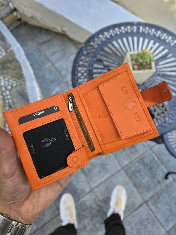 520 770 Yonca Logolu VİSSO 112 HAKİKİ DERİ ÇANTA İSME ÖZEL KADIN ERKEK ÇITIÇITLI FERMUARLI  Turuncu NAPA Yonca Logolu