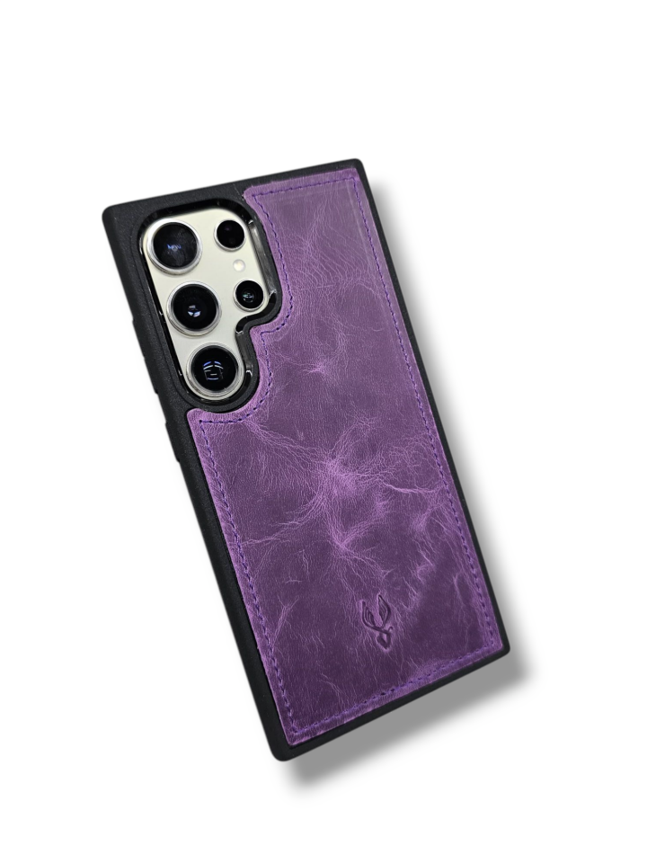 VİSSO Mor Renk Hakiki Deri SAMSUNG GALAXY S24 ULTRA İsim Baskılı Kişiye Özel Deri Telefon Kılıfı KARGO BEDAVA Mor Renk