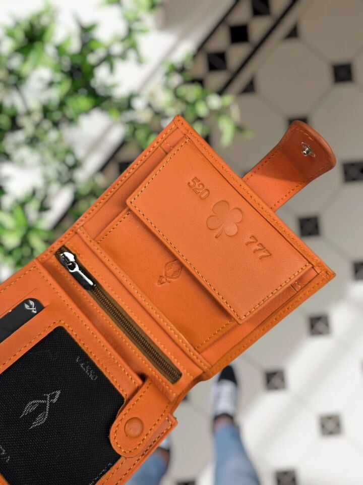 520 770 Yonca Logolu VİSSO 112 HAKİKİ DERİ ÇANTA İSME ÖZEL KADIN ERKEK ÇITIÇITLI FERMUARLI  Turuncu NAPA Yonca Logolu