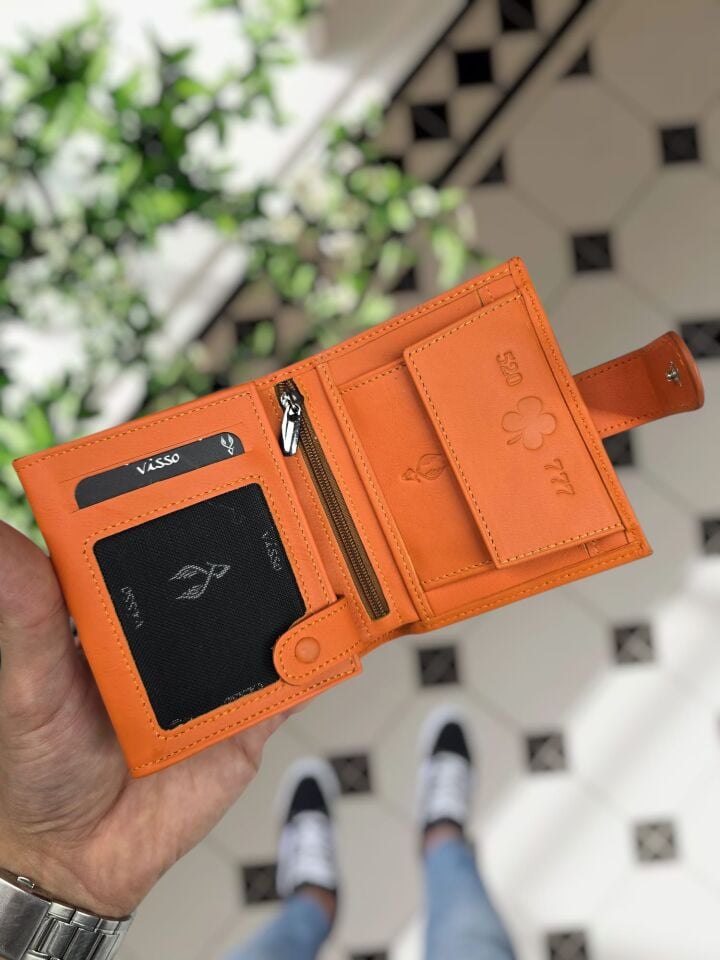 520 770 Yonca Logolu VİSSO 112 HAKİKİ DERİ ÇANTA İSME ÖZEL KADIN ERKEK ÇITIÇITLI FERMUARLI  Turuncu NAPA Yonca Logolu