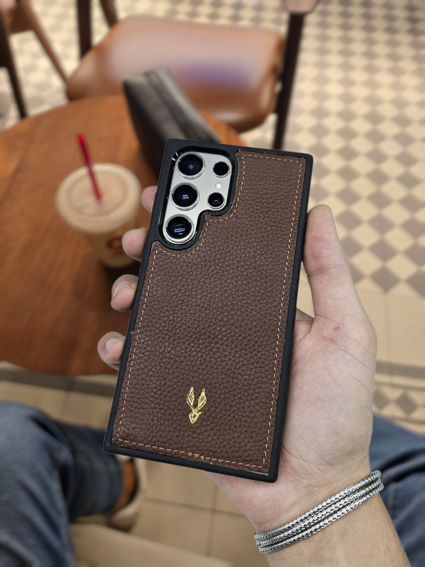 VİSSO Kahve Gutty Hakiki Deri SAMSUNG GALAXY S24 ULTRA İsim Baskılı Kişiye Özel Deri Telefon Kılıfı KARGO BEDAVA Kahve Gutty