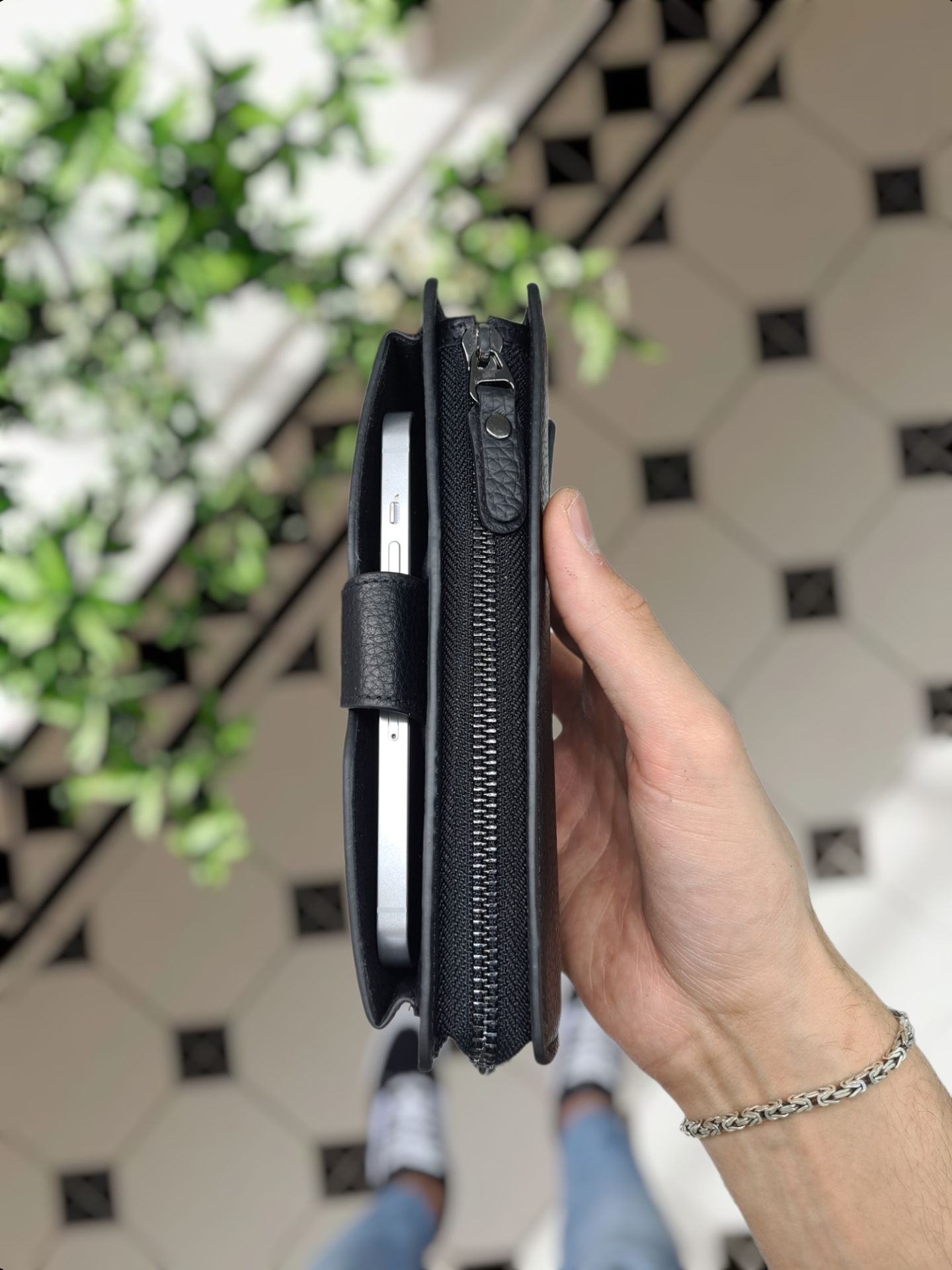 VİSSO 904 Hakiki Deri Kişiye Özel Telefon Hazneli Dıştan Çıtçıtlı Cüzdan El Çantası SİYAH GUTTY