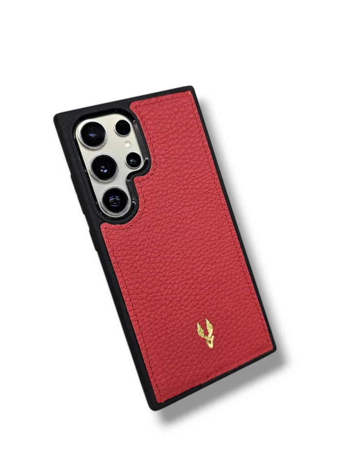 VİSSO Kırmızı Gutty  Hakiki Deri SAMSUNG GALAXY S24 ULTRA İsim Baskılı Kişiye Özel Deri Telefon Kılıfı KARGO BEDAVA  Kırmızı Gutty