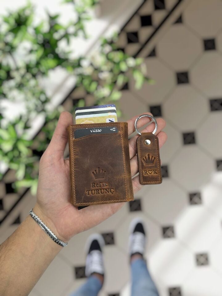 VİSSO 684 Hakiki Deri Kağıt Para Bölmeli Mekanizmalı Kartlık Cüzdan Kişiye Özel Çanta FINDIK MATRİX TAÇ LOGOLU Ve Anahtarlık