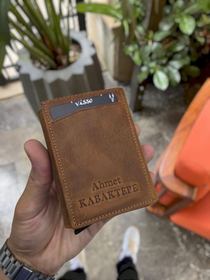 VİSSO 684 Hakiki Deri Kağıt Para Bölmeli Mekanizmalı Kartlık Cüzdan Kişiye Özel Çanta FINDIK MATRİX Tuğra Logo
