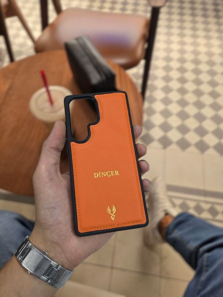 VİSSO Turuncu Napa Hakiki Deri SAMSUNG GALAXY S24 ULTRA İsim Baskılı Kişiye Özel Deri Telefon Kılıfı KARGO BEDAVA Turuncu Napa