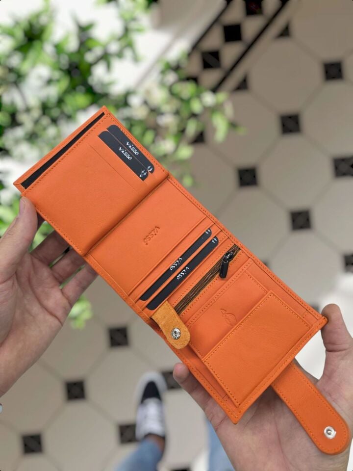VİSSO 112 Cüzdan Ve Telefon Kılıfı HAKİKİ DERİ ÇANTA İSME ÖZEL KADIN ERKEK ÇITIÇITLI FERMUARLI  Turuncu NAPA Ve Kılıf Set