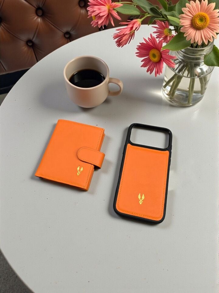 VİSSO 112 Cüzdan Ve Telefon Kılıfı HAKİKİ DERİ ÇANTA İSME ÖZEL KADIN ERKEK ÇITIÇITLI FERMUARLI  Turuncu NAPA Ve Kılıf Set