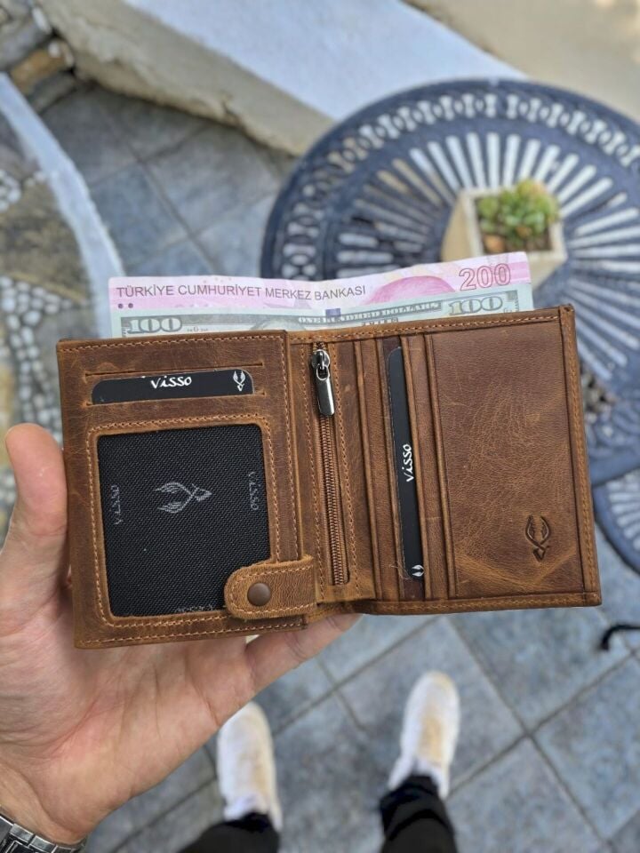 VİSSO 114 Hakiki Deri Cüzdan Ve Kemer Kişiye Özel İsim Baskılı Fermuarlı Cüzdan Çanta FINDIK MATRİX SET Ve Anahtarlık