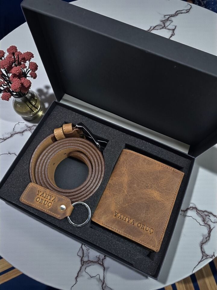 VİSSO 114 Hakiki Deri Cüzdan Ve Kemer Kişiye Özel İsim Baskılı Fermuarlı Cüzdan Çanta FINDIK MATRİX SET Ve Anahtarlık