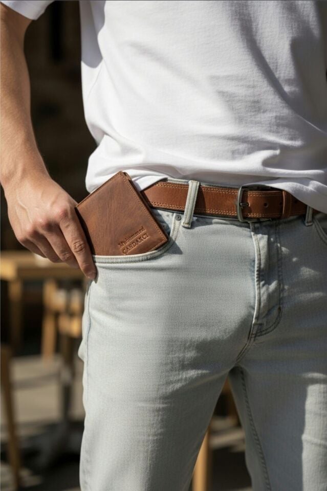 VİSSO 111 Hakiki Deri Cüzdan Ve Kemer Kişiye Özel İsim Baskılı Bozuk Para Cepli Fermuarlı Cüzdan Çanta FINDIK MATRİX SET Ve Anahtarlık