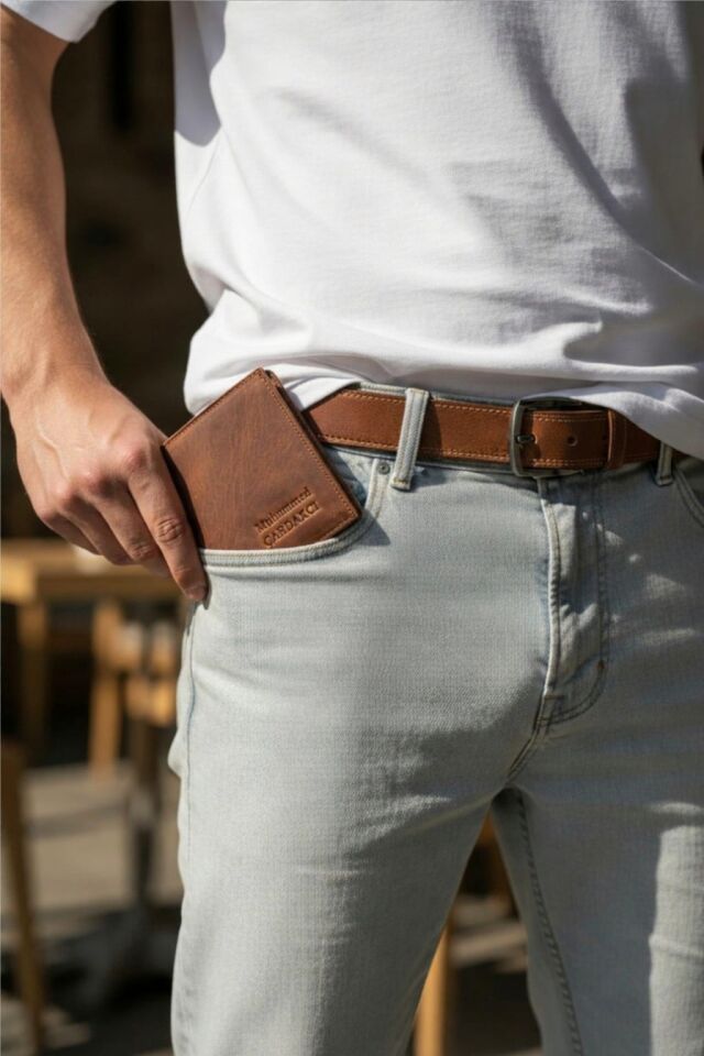 VİSSO 111 Hakiki Deri Cüzdan Ve Kemer Kişiye Özel İsim Baskılı Bozuk Para Cepli Fermuarlı Cüzdan Çanta FINDIK MATRİX SET Ve Anahtarlık