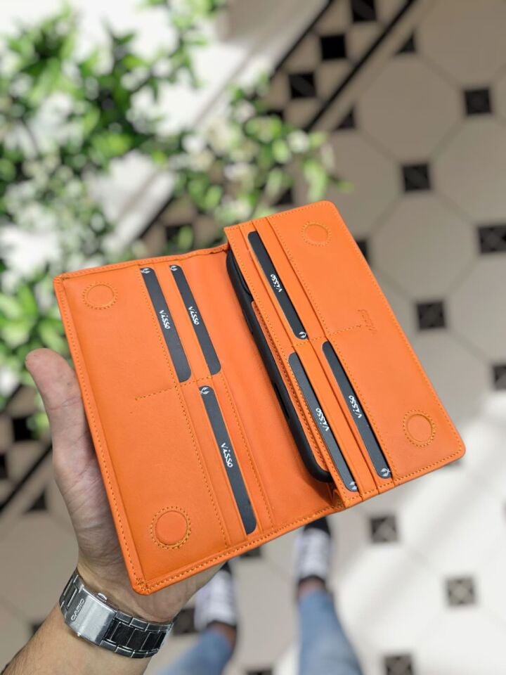 VİSSO 902 + Deri Telefon Kılıfı Hakiki Deri El Geçmeli Kordonlu Kişiye Özel Telefon Hazneli Cüzdan El Çantası Turuncu Napa