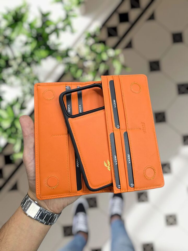 VİSSO 902 + Deri Telefon Kılıfı Hakiki Deri El Geçmeli Kordonlu Kişiye Özel Telefon Hazneli Cüzdan El Çantası Turuncu Napa