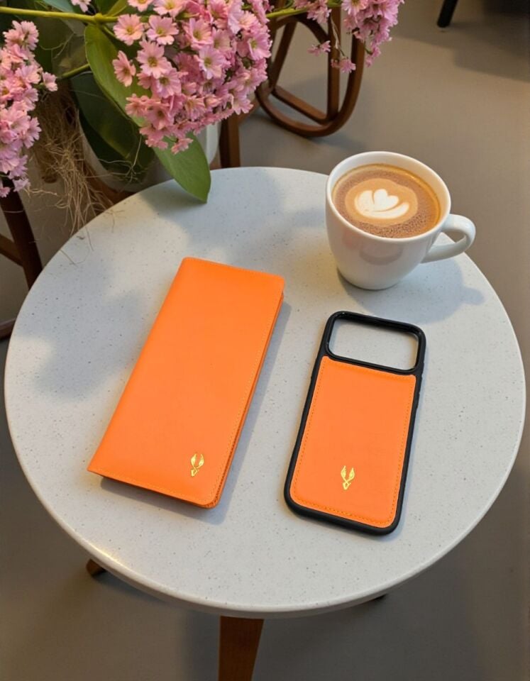 VİSSO 902 + Deri Telefon Kılıfı Hakiki Deri El Geçmeli Kordonlu Kişiye Özel Telefon Hazneli Cüzdan El Çantası Turuncu Napa