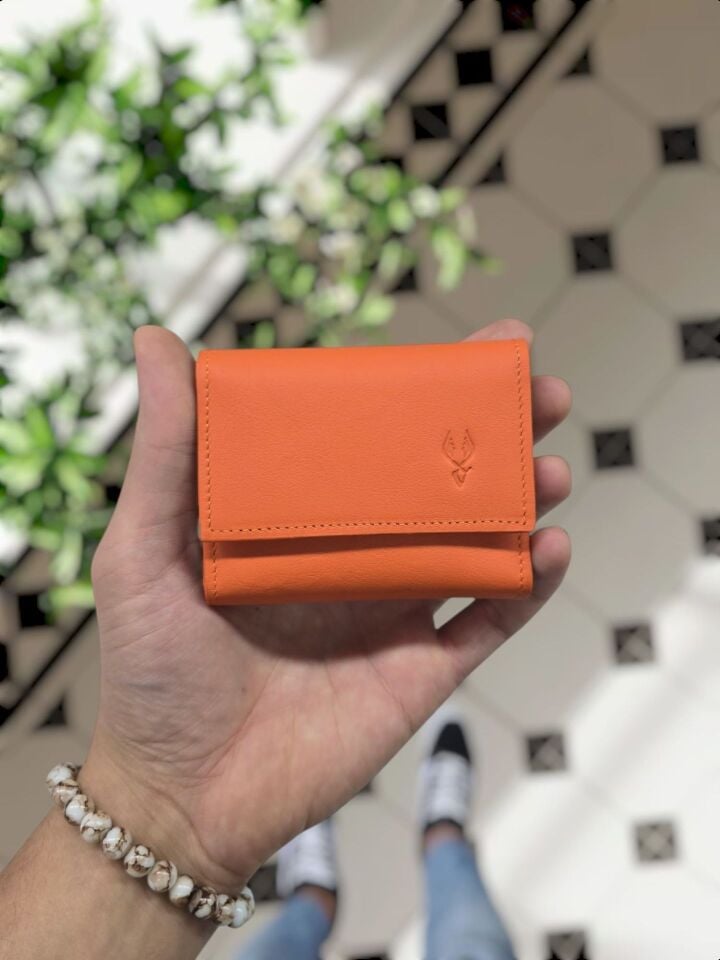 VİSSO 660 HAKİKİ DERİ ÇANTA  İSME ÖZEL GÜÇLÜ MIKNATISLI KİLİT AKORDİYON YELPAZE KARTLIK CÜZDAN ERKEK KADIN MODELİ Turuncu Napa Ve Telefon Kılıfı