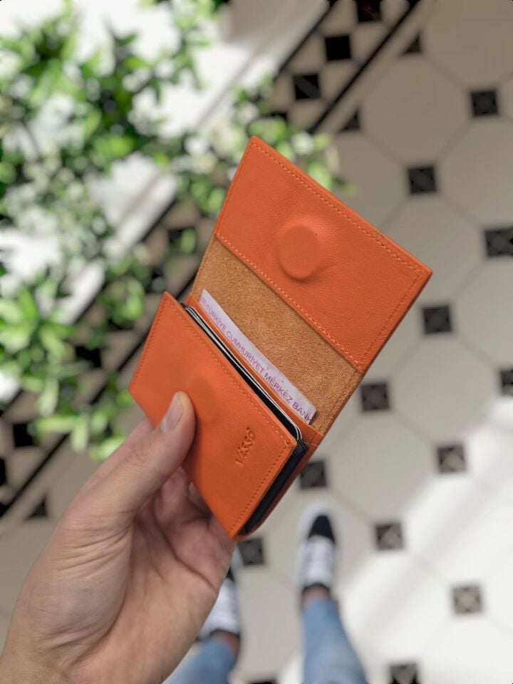 VİSSO 660 HAKİKİ DERİ ÇANTA  İSME ÖZEL GÜÇLÜ MIKNATISLI KİLİT AKORDİYON YELPAZE KARTLIK CÜZDAN ERKEK KADIN MODELİ Turuncu Napa Ve Telefon Kılıfı