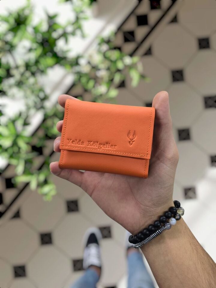VİSSO 660 HAKİKİ DERİ ÇANTA  İSME ÖZEL GÜÇLÜ MIKNATISLI KİLİT AKORDİYON YELPAZE KARTLIK CÜZDAN ERKEK KADIN MODELİ Turuncu Napa Ve Telefon Kılıfı