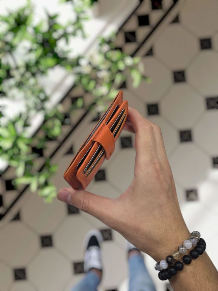 VİSSO 653 Hakiki Deri ÇANTA İSME ÖZEL Kağıt Para Bölmeli Kimlik Kart Gözlü  ERKEK VE KADIN  Kredi Kartlık Cüzdan Çanta TURUNCU NAPA Ve Telefon Kılıfı
