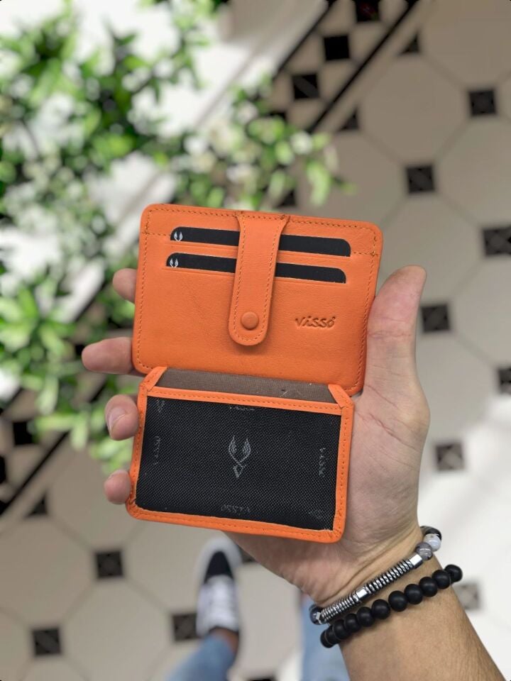 VİSSO 653 Hakiki Deri ÇANTA İSME ÖZEL Kağıt Para Bölmeli Kimlik Kart Gözlü  ERKEK VE KADIN  Kredi Kartlık Cüzdan Çanta TURUNCU NAPA Ve Telefon Kılıfı