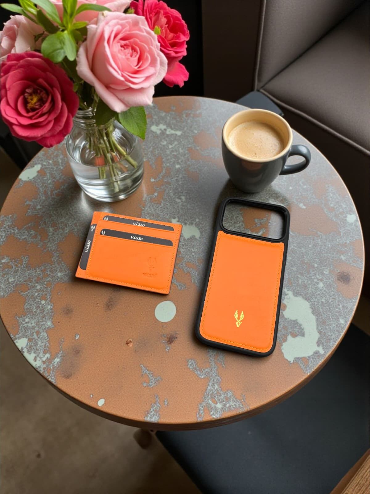 Visso 606 Gerçek Deri Erkek Kadın İsme Özel Turuncu Renk Uzun Ömürlü Kaliteli Kartlık Cüzdan Çanta Ve Telefon Kılıfı