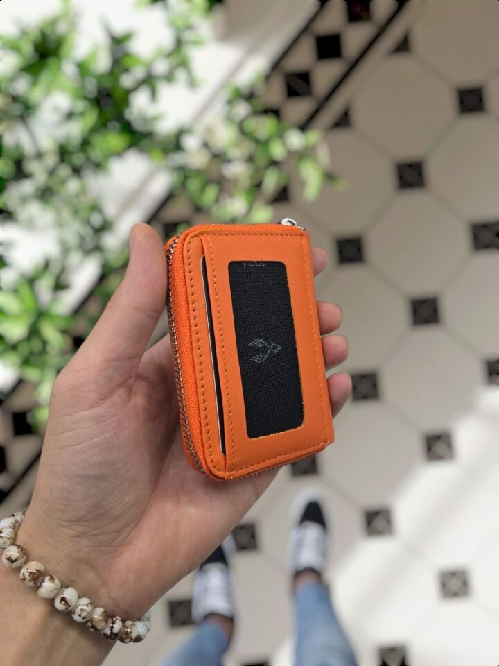 VİSSO 661 GERÇEK DERİ ÇANTA İSME ÖZEL ERKEK VE KADIN İÇİN FERMUARLI AKORDİYON-YELPAZE KREDİ KARTLIK MODEL Turuncu NAPA Ve Deri Telefon Kılıfı