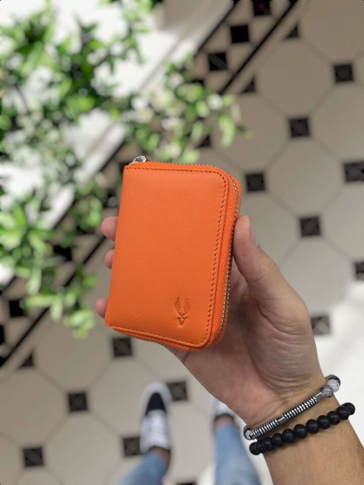 VİSSO 661 GERÇEK DERİ ÇANTA İSME ÖZEL ERKEK VE KADIN İÇİN FERMUARLI AKORDİYON-YELPAZE KREDİ KARTLIK MODEL Turuncu NAPA Ve Deri Telefon Kılıfı