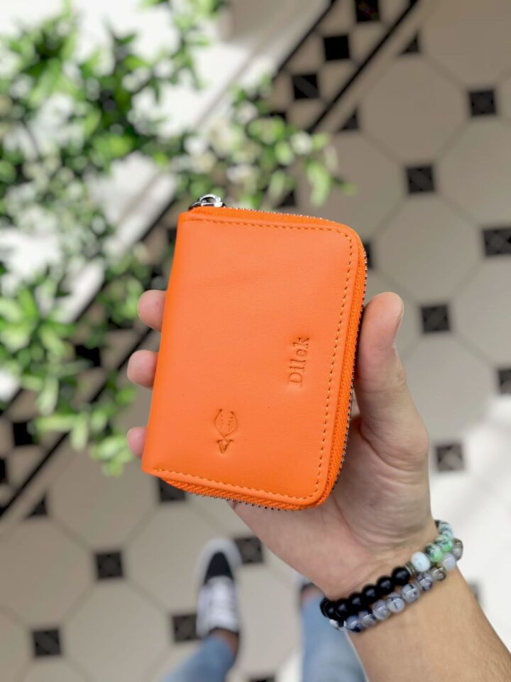 VİSSO 661 GERÇEK DERİ ÇANTA İSME ÖZEL ERKEK VE KADIN İÇİN FERMUARLI AKORDİYON-YELPAZE KREDİ KARTLIK MODEL Turuncu NAPA Ve Deri Telefon Kılıfı