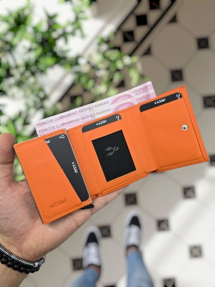 VİSSO 684 Hakiki Deri Kağıt Para Bölmeli Mekanizmalı Kartlık Cüzdan Kişiye Özel Çanta TURUNCU Ve Telefon Kılıfı