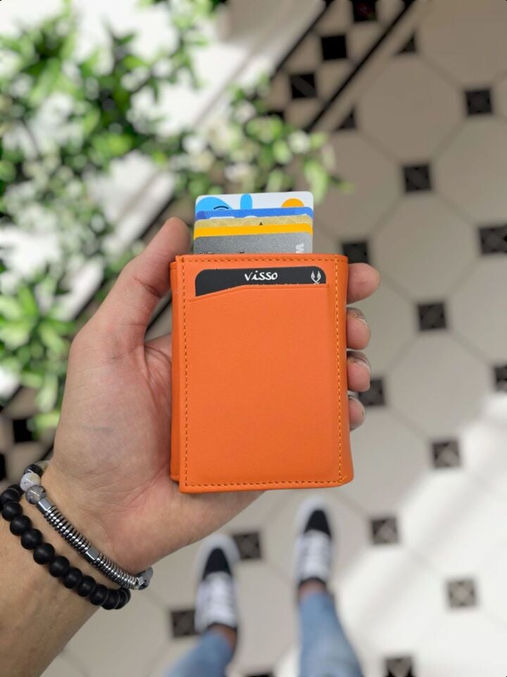 VİSSO 684 Hakiki Deri Kağıt Para Bölmeli Mekanizmalı Kartlık Cüzdan Kişiye Özel Çanta TURUNCU Ve Telefon Kılıfı