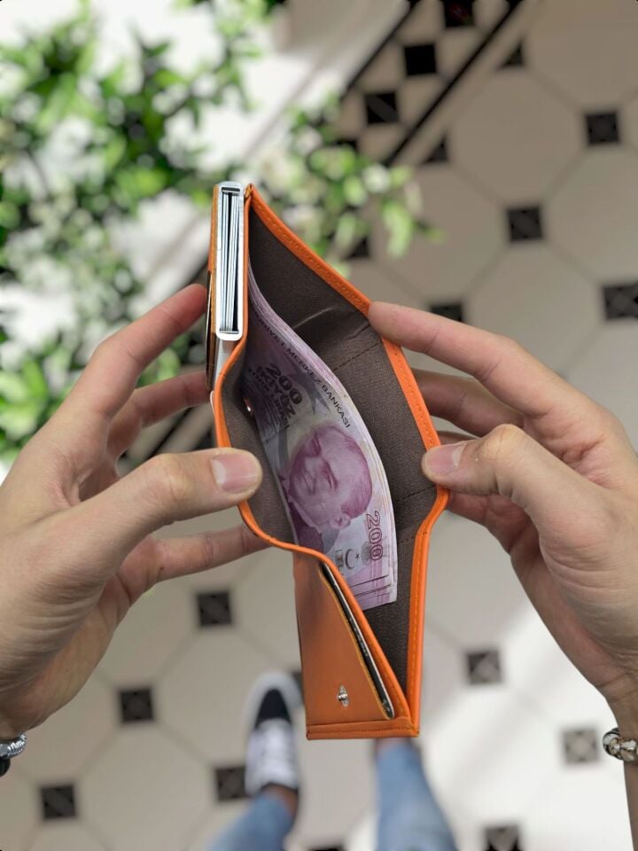 VİSSO 684 Hakiki Deri Kağıt Para Bölmeli Mekanizmalı Kartlık Cüzdan Kişiye Özel Çanta TURUNCU Ve Telefon Kılıfı