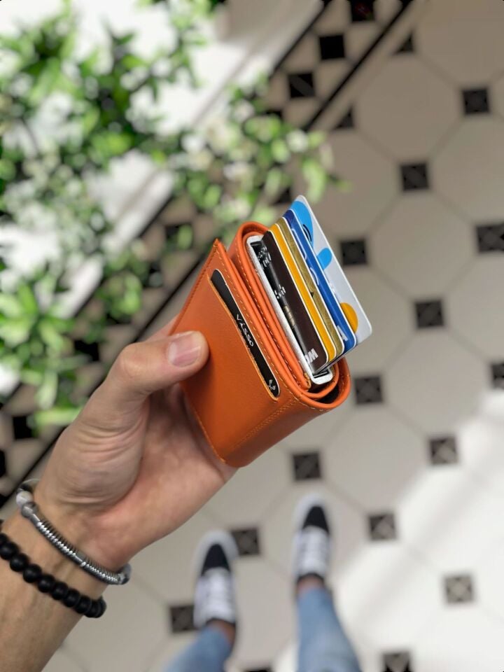VİSSO 684 Hakiki Deri Kağıt Para Bölmeli Mekanizmalı Kartlık Cüzdan Kişiye Özel Çanta TURUNCU Ve Telefon Kılıfı