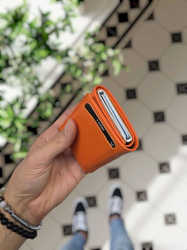VİSSO 684 Hakiki Deri Kağıt Para Bölmeli Mekanizmalı Kartlık Cüzdan Kişiye Özel Çanta TURUNCU Ve Telefon Kılıfı