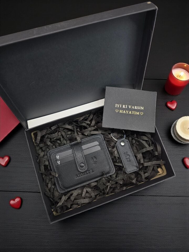 Sevgili VİSSO 653 Hakiki Deri ÇANTA İSME ÖZEL Kağıt Para Bölmeli Kimlik Kart Gözlü SİYAH DERİ ERKEK VE KADIN  Kredi Kartlık Cüzdan Anahtarlık Set Kutulu