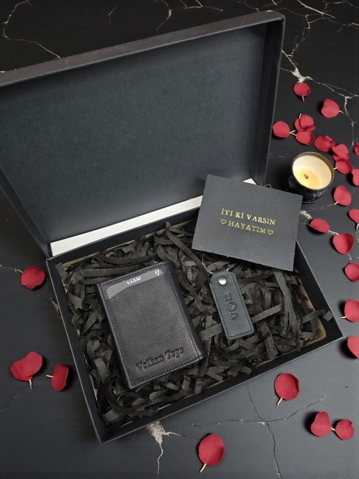 Sevgili VİSSO 684 Hakiki Deri Kağıt Para Bölmeli Mekanizmalı Kartlık Cüzdan Kişiye Özel Çanta SİYAH NATURAL + Anahtarlık + Set Kutu