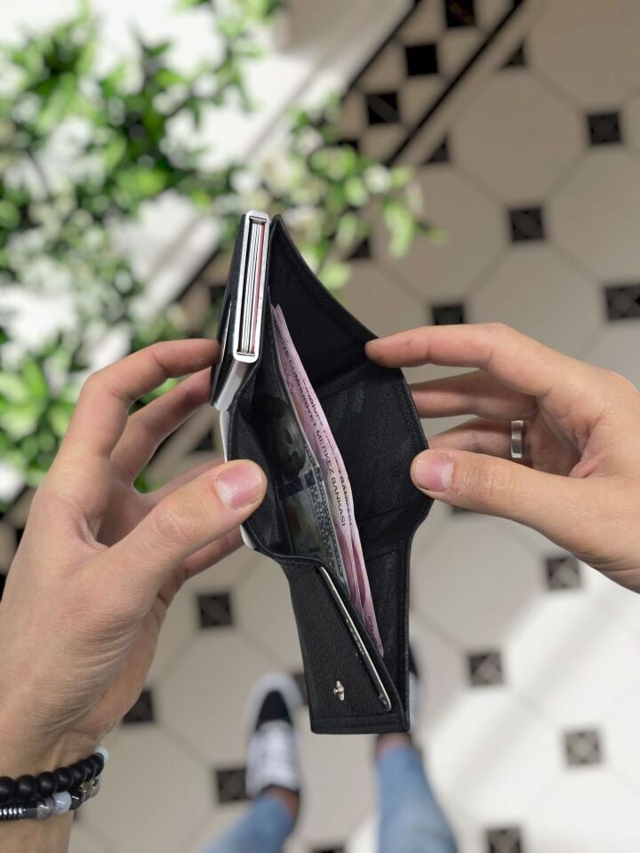 Sevgili VİSSO 684 Hakiki Deri Kağıt Para Bölmeli Mekanizmalı Kartlık Cüzdan Kişiye Özel Çanta SİYAH NATURAL + Anahtarlık + Set Kutu