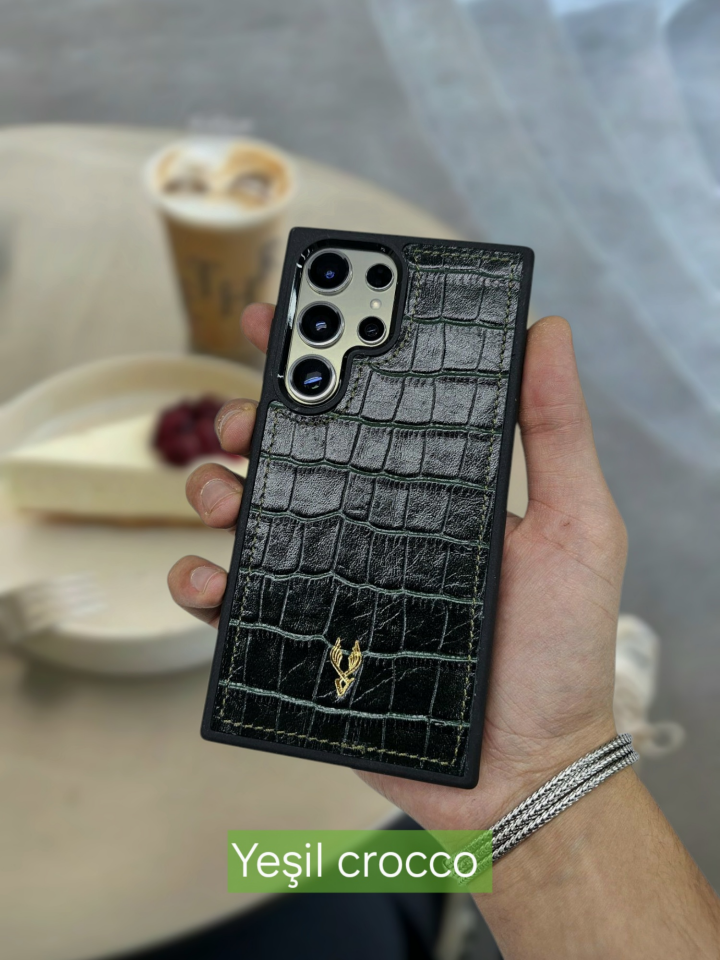VİSSO  Yeşil Croco Hakiki Deri SAMSUNG GALAXY S23 ULTRA İsim Baskılı Kişiye Özel Deri Telefon Kılıfı KARGO BEDAVA Yeşil Croco Renk