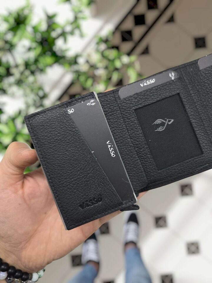 Sevgili VİSSO 684 Hakiki Deri Kağıt Para Bölmeli Mekanizmalı Kartlık Cüzdan Kişiye Özel Çanta SİYAH NATURAL + Anahtarlık