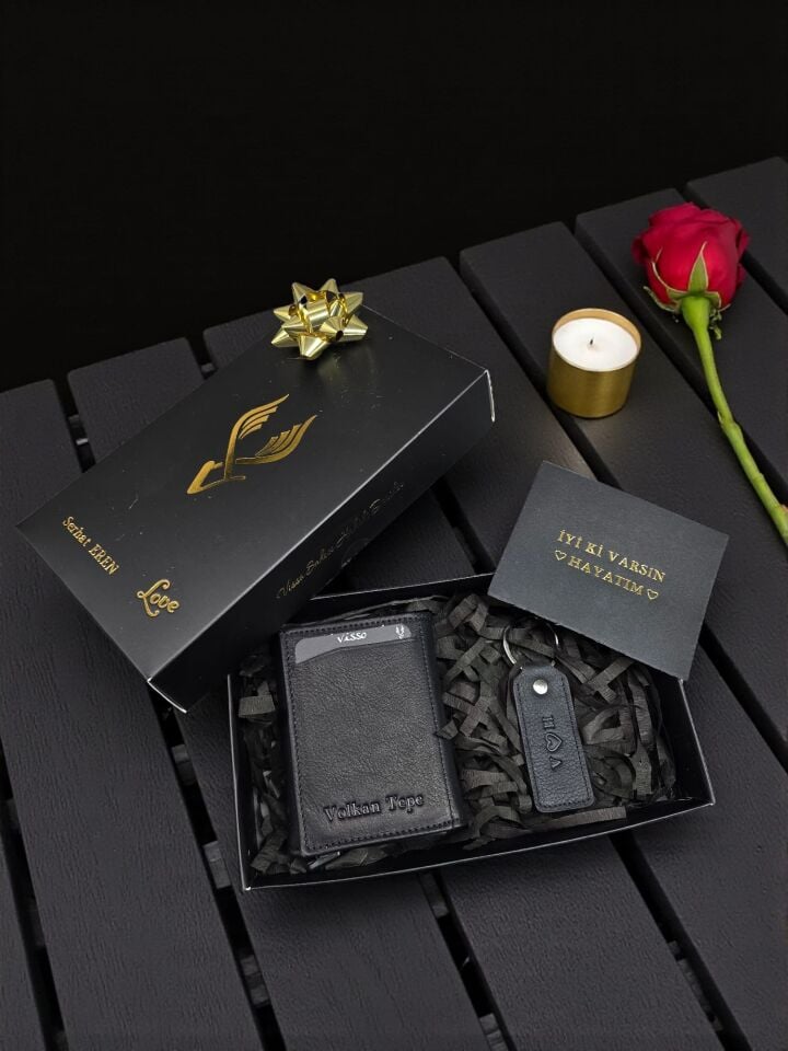 Sevgili VİSSO 684 Hakiki Deri Kağıt Para Bölmeli Mekanizmalı Kartlık Cüzdan Kişiye Özel Çanta SİYAH NATURAL + Anahtarlık