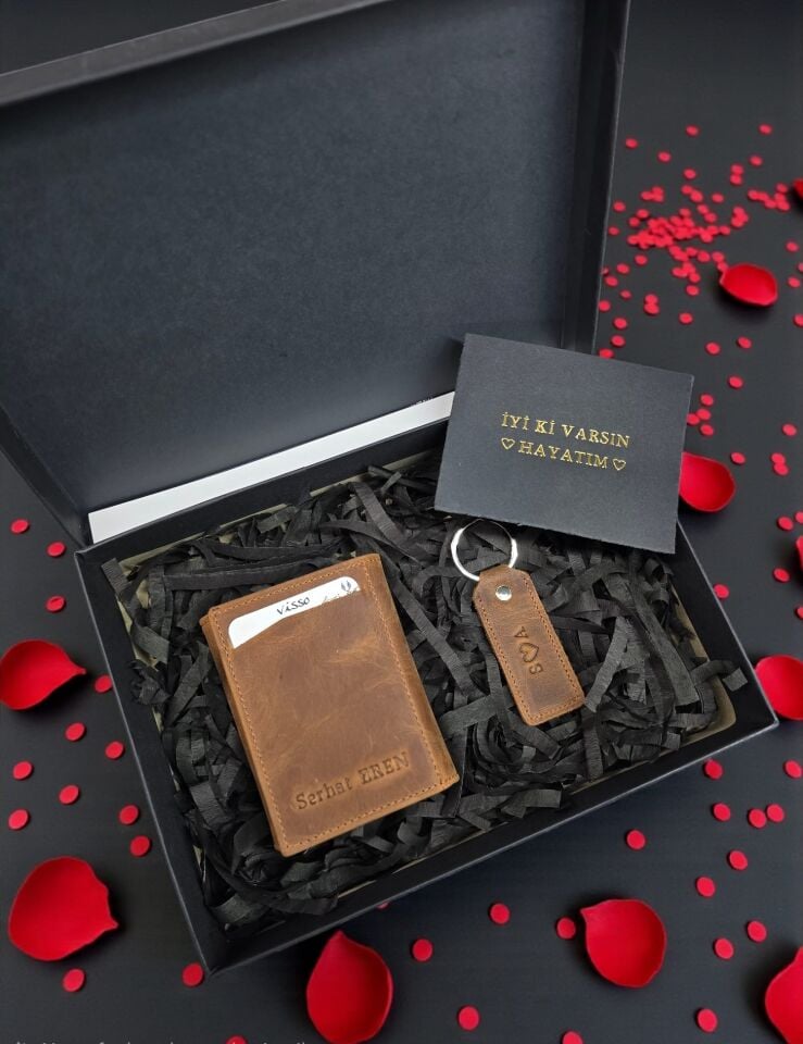 Sevgili VİSSO 684 Hakiki Deri Kağıt Para Bölmeli Mekanizmalı Kartlık Cüzdan Kişiye Özel Çanta Fındık Matrix + Anahtarlık+ Set Kutu