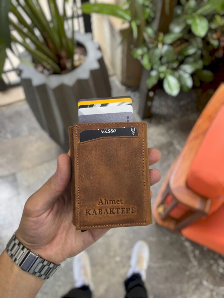 Sevgili VİSSO 684 Hakiki Deri Kağıt Para Bölmeli Mekanizmalı Kartlık Cüzdan Kişiye Özel Çanta Fındık Matrix + Anahtarlık+ Set Kutu