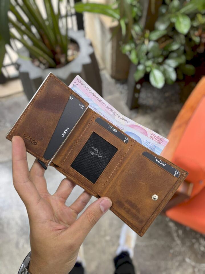 Sevgili VİSSO 684 Hakiki Deri Kağıt Para Bölmeli Mekanizmalı Kartlık Cüzdan Kişiye Özel Çanta Fındık Matrix + Anahtarlık+ Set Kutu
