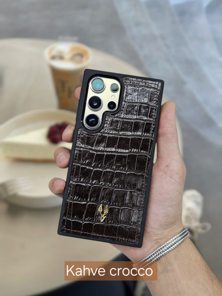 VİSSO  Kahve Croco Hakiki Deri SAMSUNG GALAXY S23 ULTRA İsim Baskılı Kişiye Özel Deri Telefon Kılıfı KARGO BEDAVA Kahve Croco