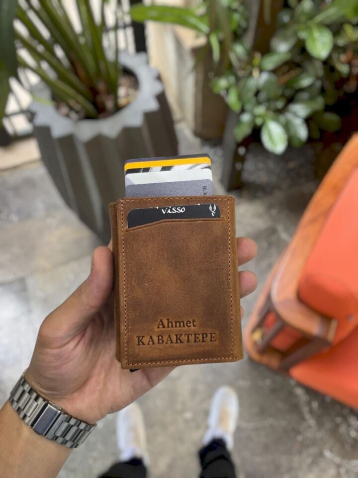 Sevgili VİSSO 684 Hakiki Deri Kağıt Para Bölmeli Mekanizmalı Kartlık Cüzdan Kişiye Özel Çanta Fındık Matrix + Anahtarlık