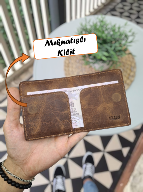 Sevgili VİSSO 657 HAKİKİ DERİ ÇANTA  İSME ÖZEL DERİ KAĞIT PARA BÖLMELİ KADIN ERKEK DERİ Mıknatıslı Kartlık KREDİ KARTLIK Fındık Matrix + Anahtarlık + Set Kutu