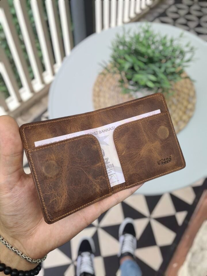 Sevgili VİSSO 657 HAKİKİ DERİ ÇANTA  İSME ÖZEL DERİ KAĞIT PARA BÖLMELİ KADIN ERKEK DERİ Mıknatıslı Kartlık KREDİ KARTLIK Fındık Matrix + Anahtarlık + Set Kutu